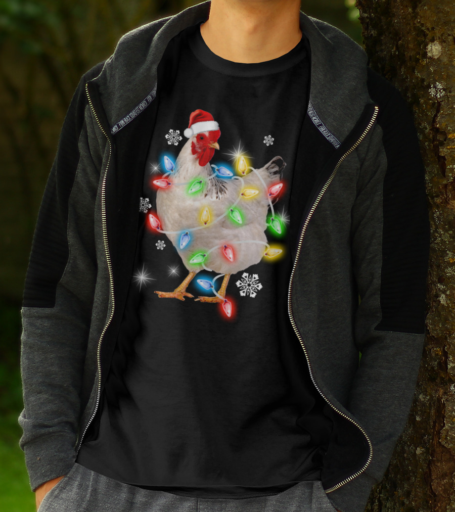 Chicken Noel Christmas Lights Santa Hat Snowflakes T-Shirt