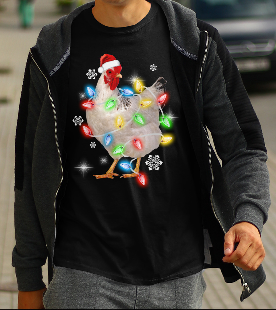 Chicken Noel Christmas Lights Santa Hat Snowflakes T-Shirt