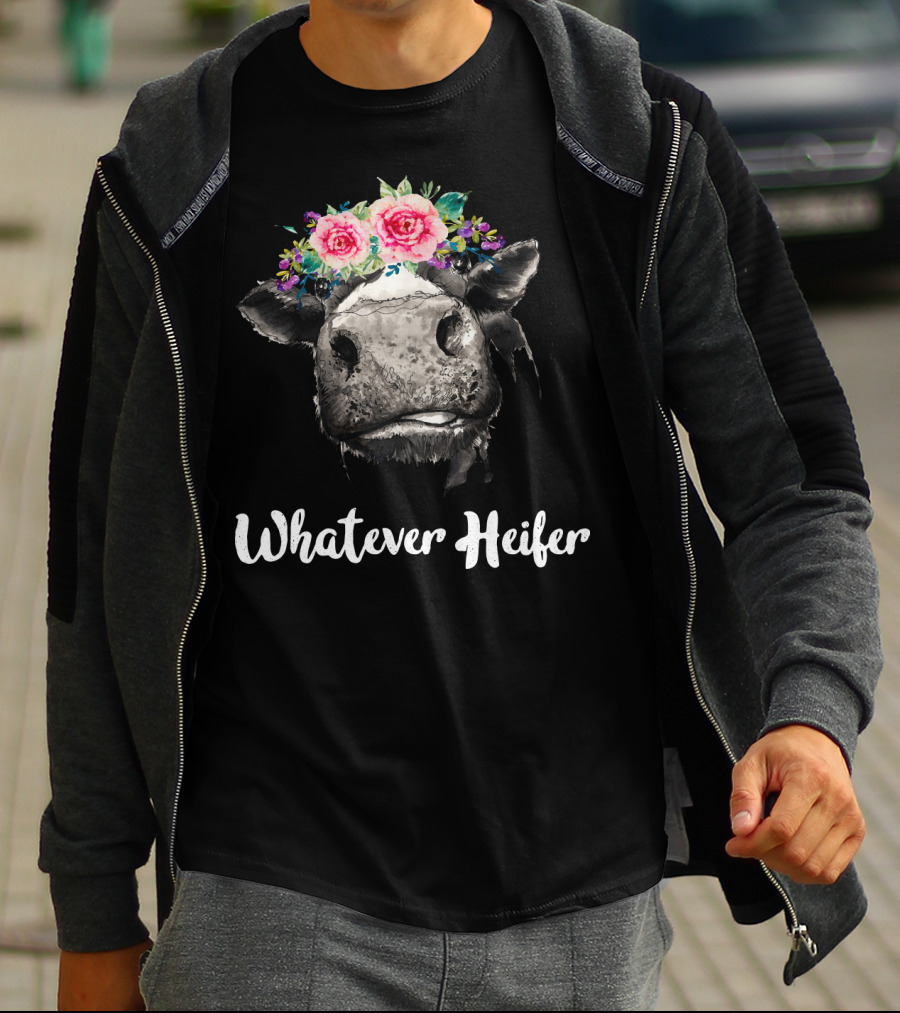 Whatever Heifer Cow Head With Floral Crown T-Shirt