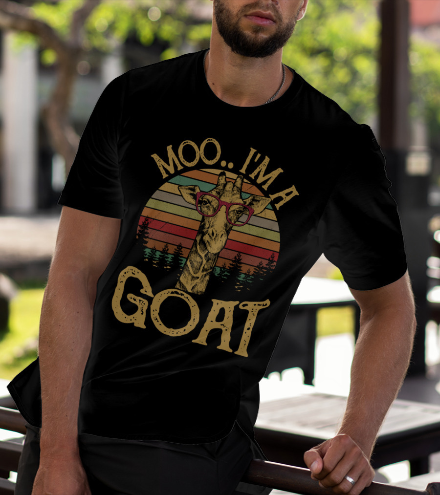 Moo I'm A Goat Retro Giraffe With Glasses And Forest Sunset T-Shirt