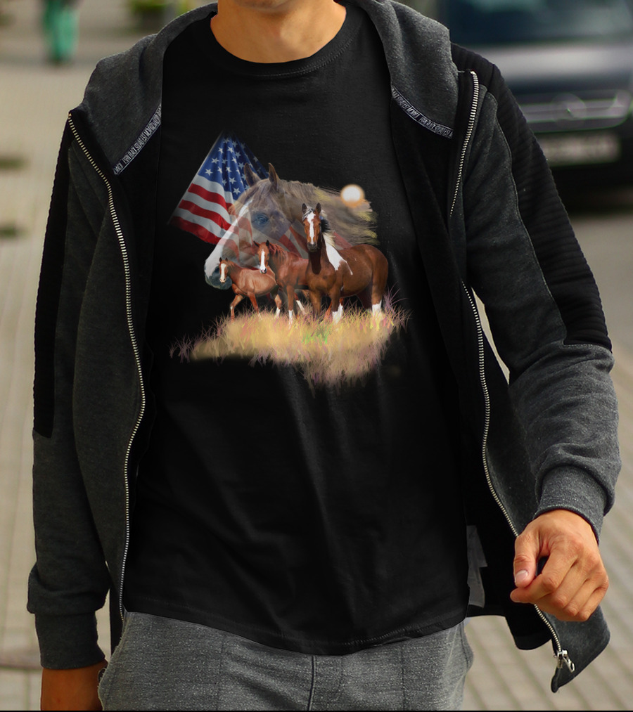 American Flag Majestic Horse Trio T-Shirt