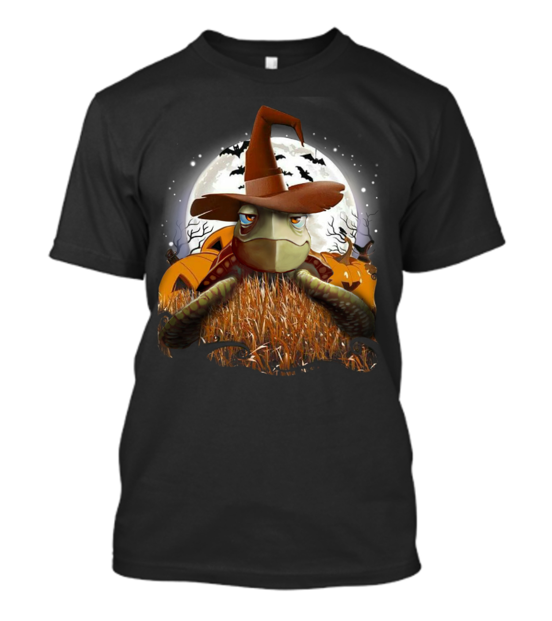 Halloween Turtle In Witch Hat Moonlit Pumpkin Patch T-Shirt