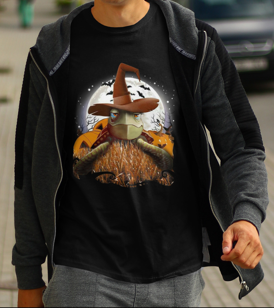 Halloween Turtle In Witch Hat Moonlit Pumpkin Patch T-Shirt