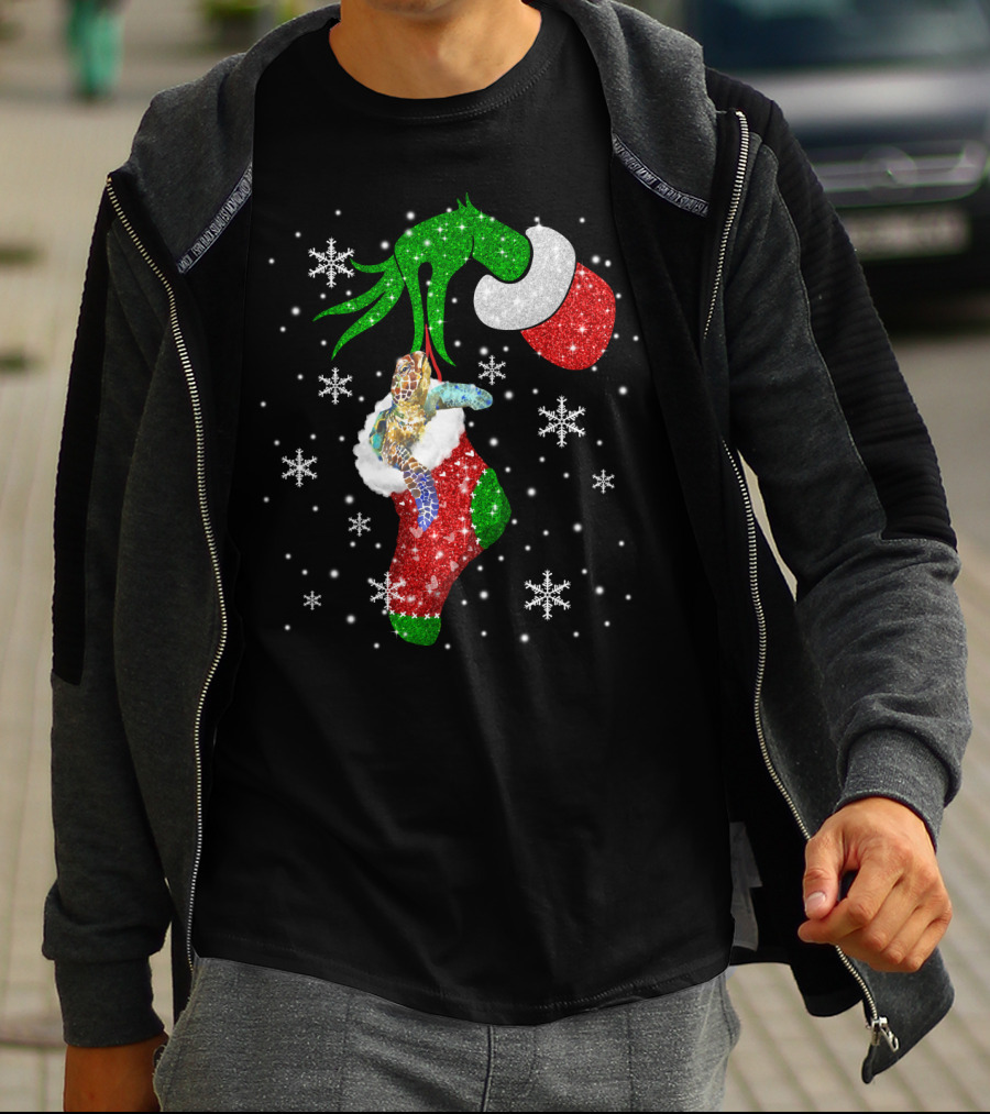 Grinch Christmas Turtle In Glittery Stocking With Snowflakes T-Shirt