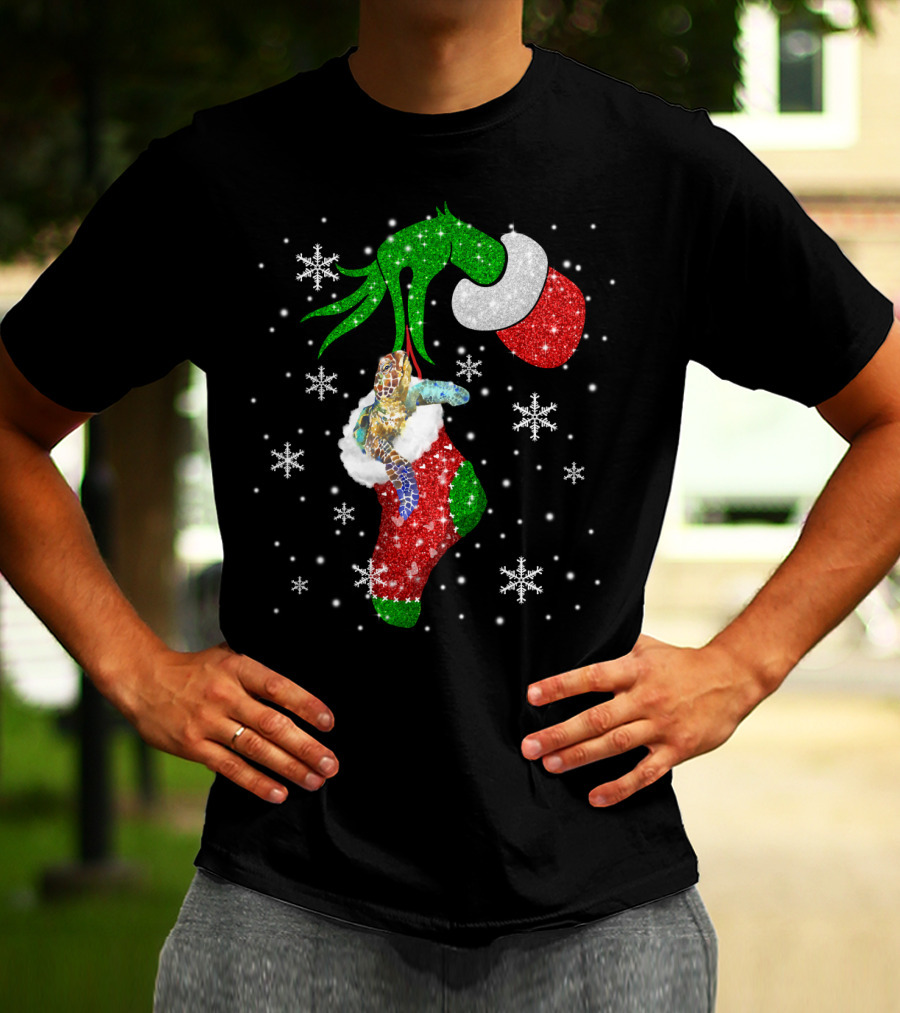 Grinch Christmas Turtle In Glittery Stocking With Snowflakes T-Shirt