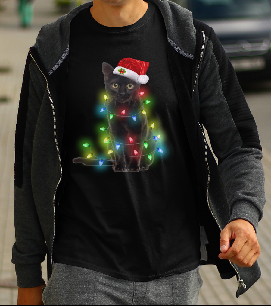 Cat Wrapped In Christmas Lights With Santa Hat T-Shirt