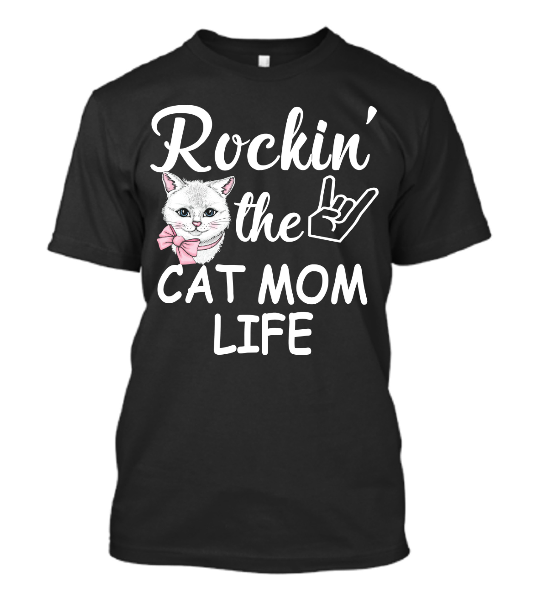 Rockin' The Cat Mom Life With Rock Hand And Pink Bow Cat T-Shirt