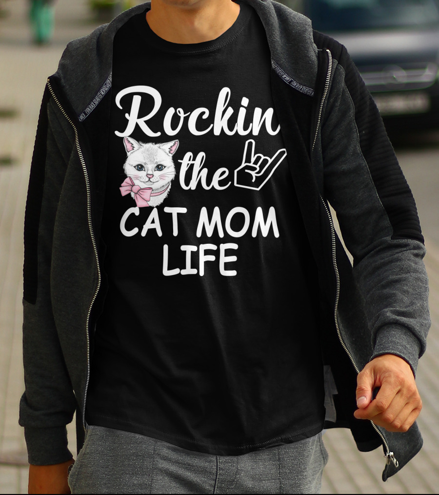 Rockin' The Cat Mom Life With Rock Hand And Pink Bow Cat T-Shirt