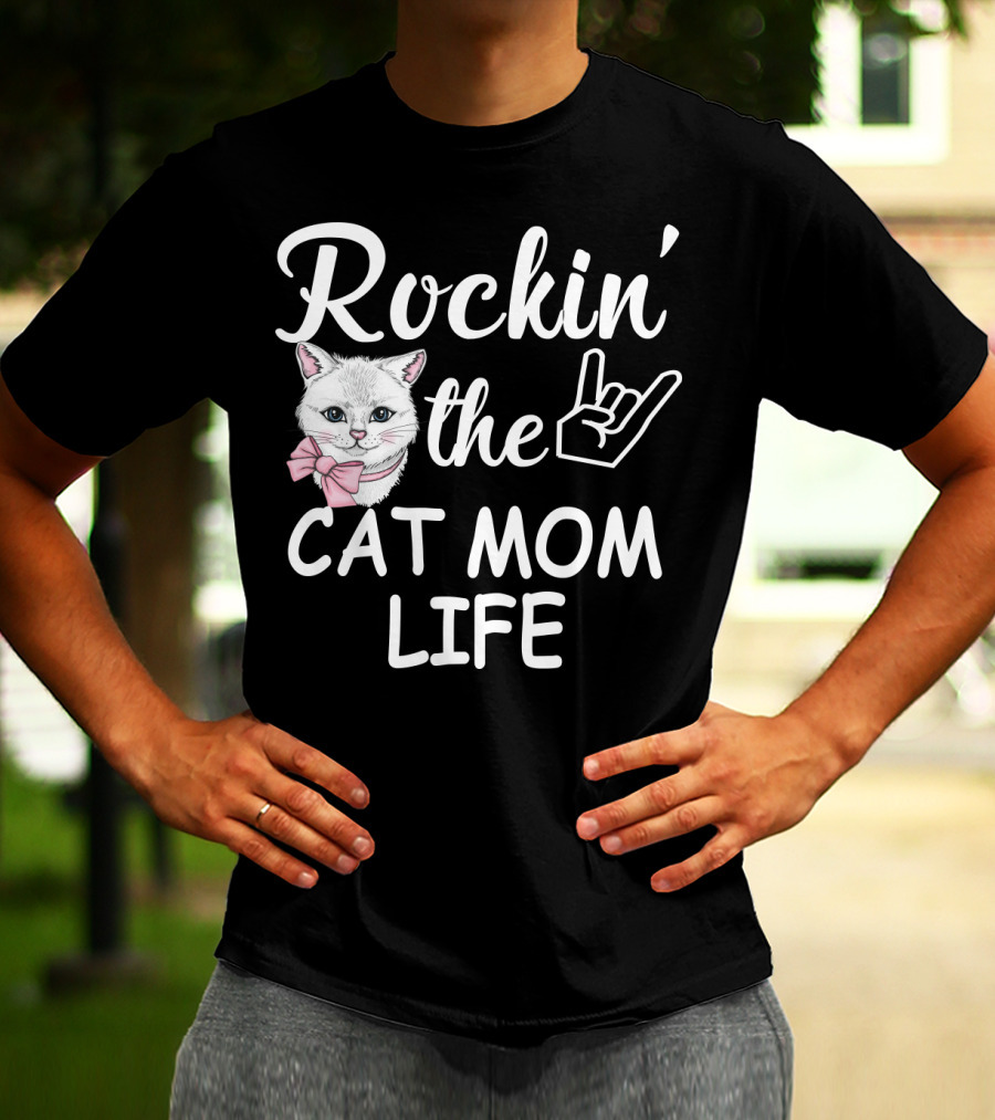 Rockin' The Cat Mom Life With Rock Hand And Pink Bow Cat T-Shirt