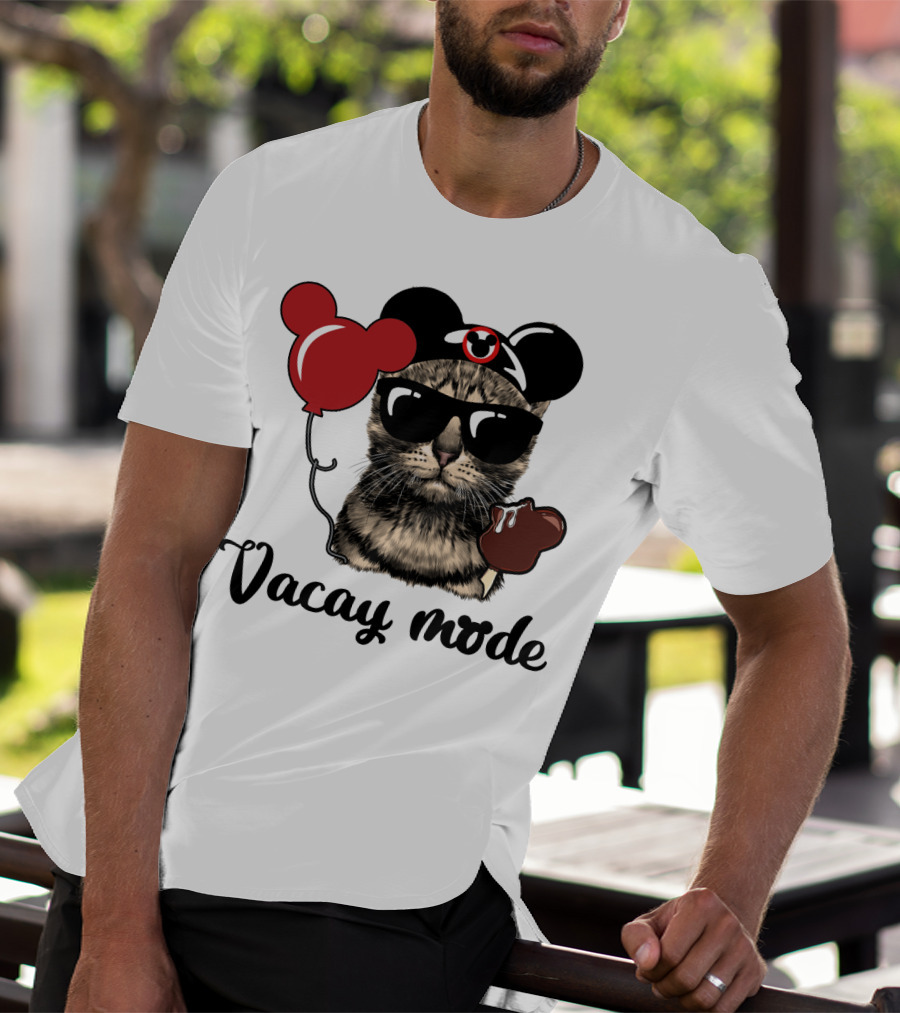 Vacay Mode Cat With Mouse Ears, Balloon, Sunglasses, Chocolate For Fans T-Shirt