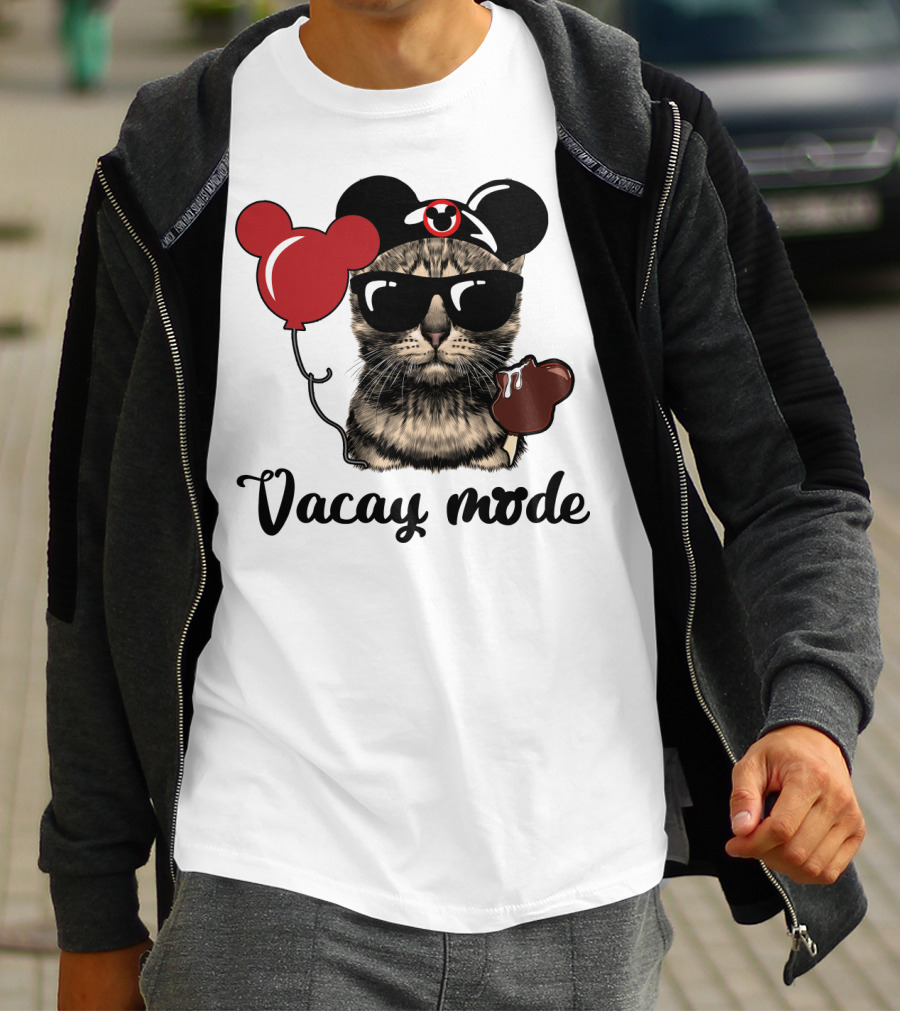 Vacay Mode Cat With Mouse Ears, Balloon, Sunglasses, Chocolate For Fans T-Shirt