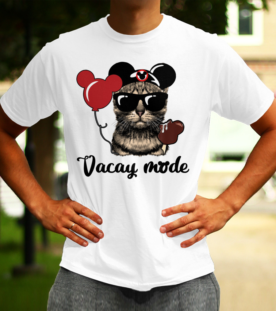 Vacay Mode Cat With Mouse Ears, Balloon, Sunglasses, Chocolate For Fans T-Shirt