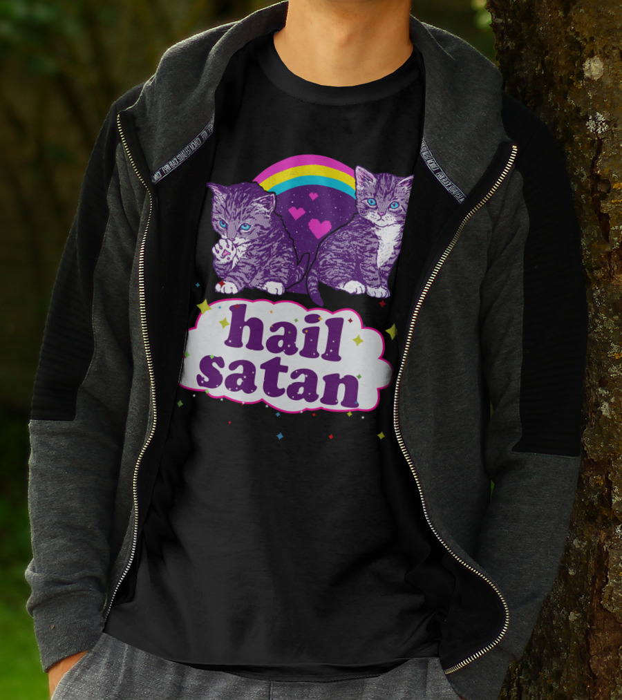 Hail Satan Cats With Rainbow And Hearts T-Shirt