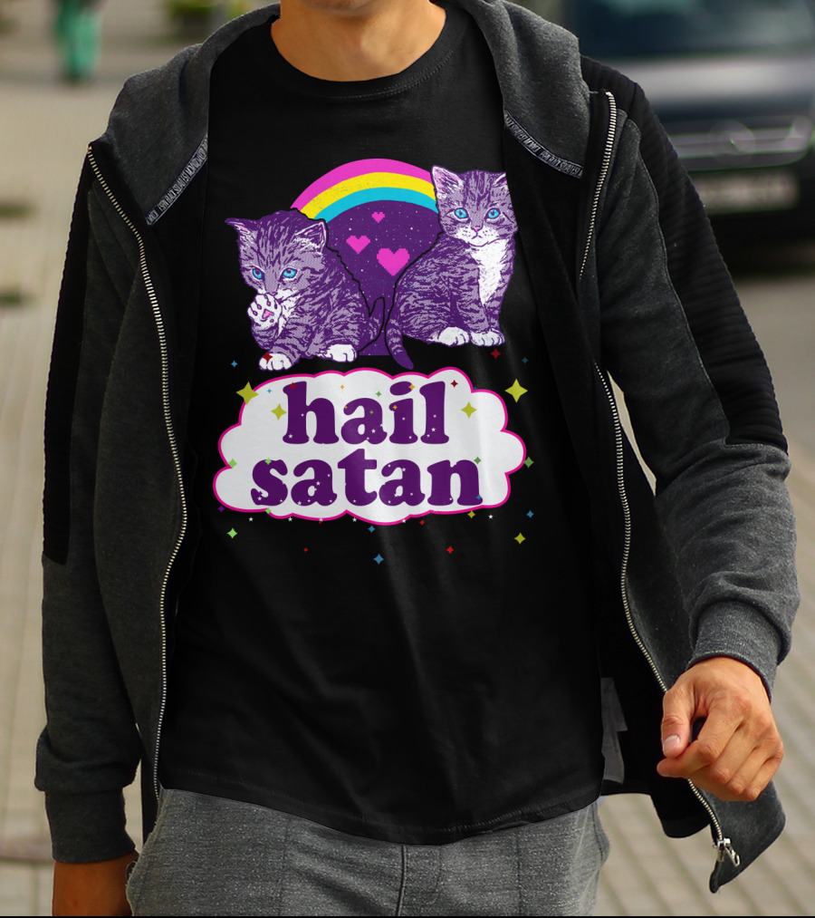 Hail Satan Cats With Rainbow And Hearts T-Shirt