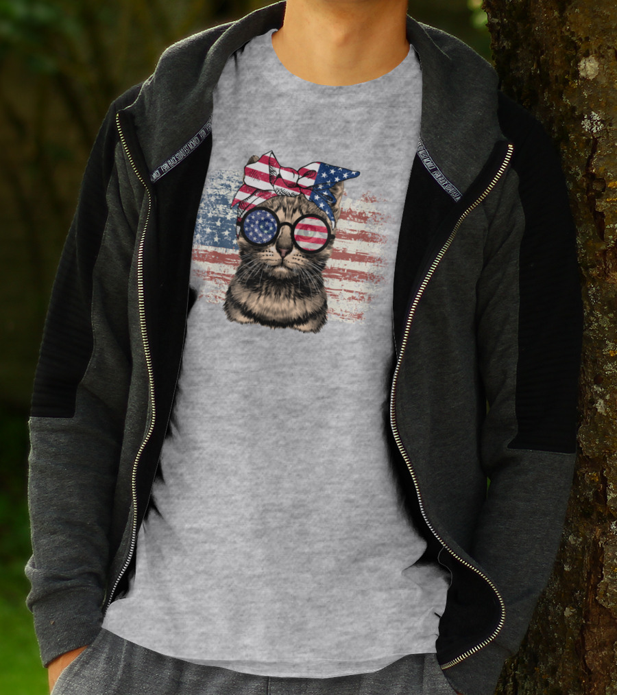 Cat American Flag Glasses Bandana T-Shirt