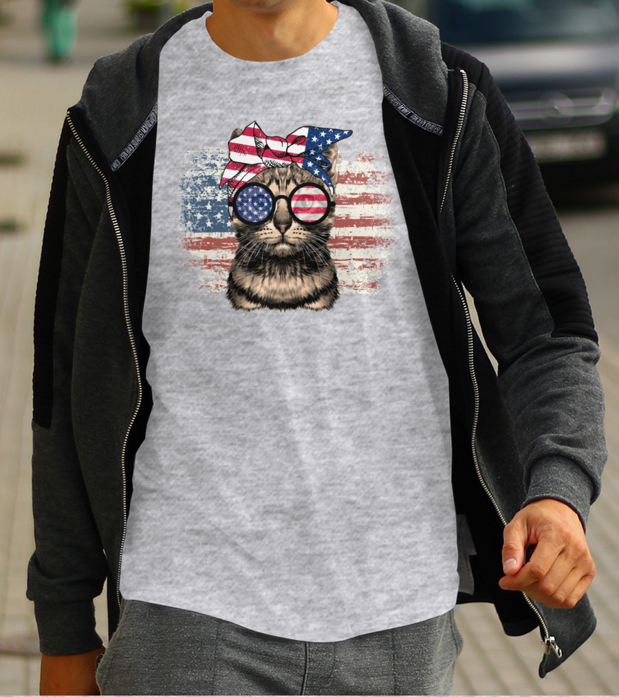 Cat American Flag Glasses Bandana T-Shirt