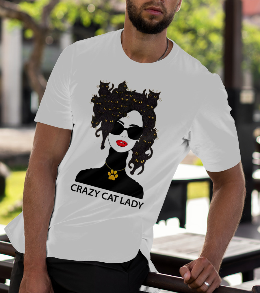 CRAZY CAT LADY Cat Afro Sunglasses Red Lips Golden Paw Necklace T-Shirt