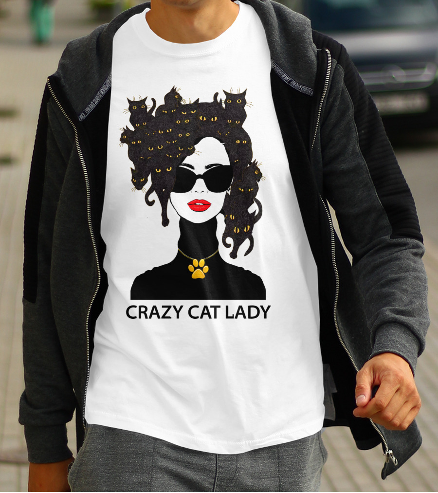 CRAZY CAT LADY Cat Afro Sunglasses Red Lips Golden Paw Necklace T-Shirt