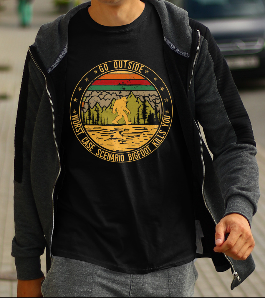 Go Outside Worst Case Scenario Bigfoot Kills You Forest And Mountains Circle T-Shirt