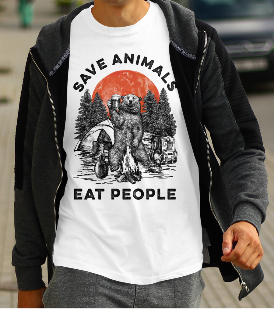 Save Animals Eat People Camping Bear Campfire Scene T-Shirt