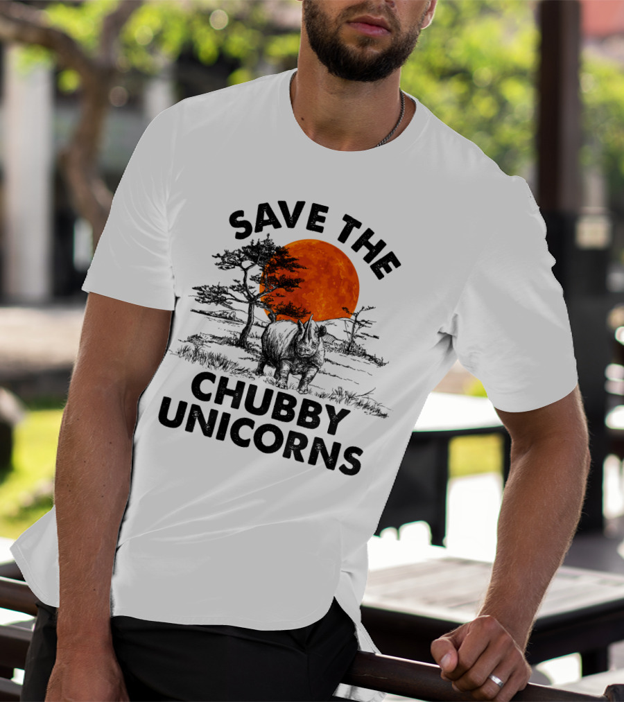 Save The Chubby Unicorns Rhino Conservation Sunset Scene T-Shirt