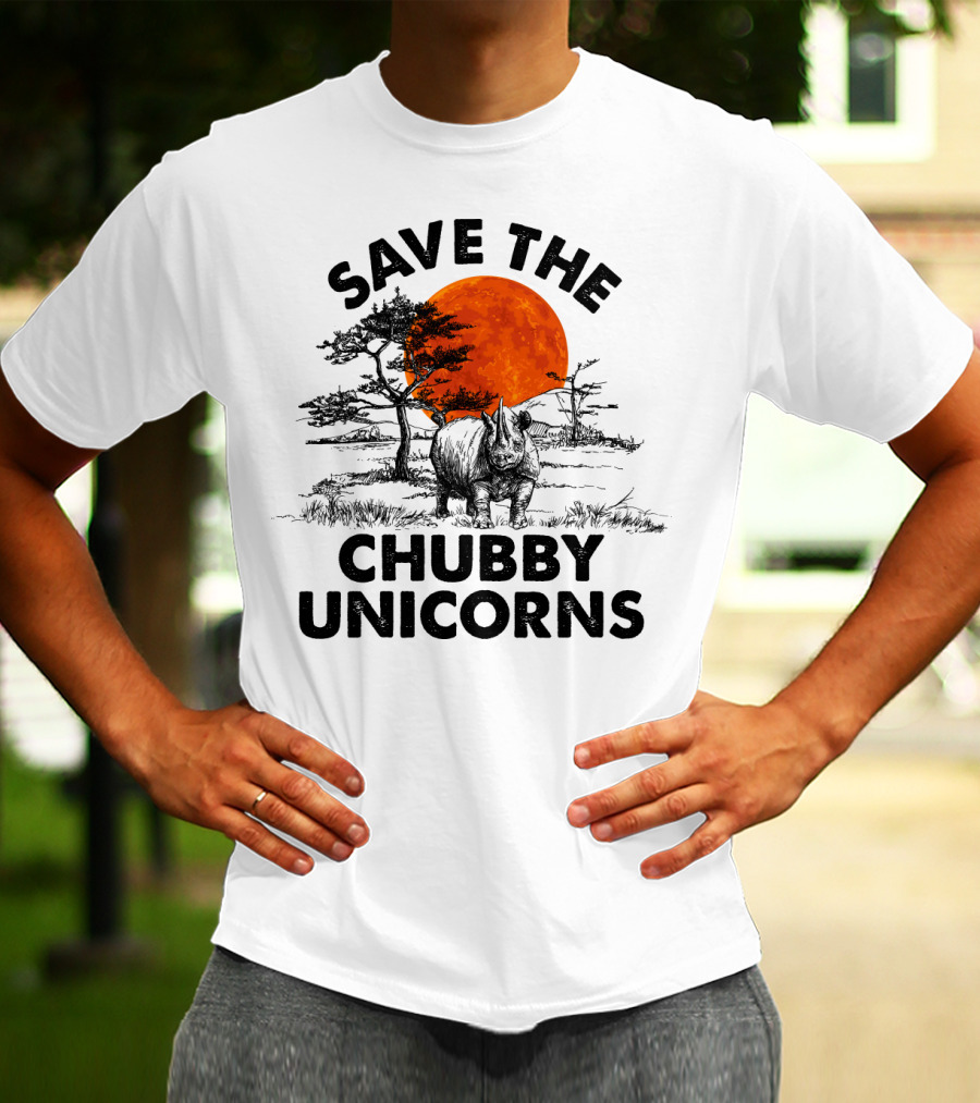 Save The Chubby Unicorns Rhino Conservation Sunset Scene T-Shirt