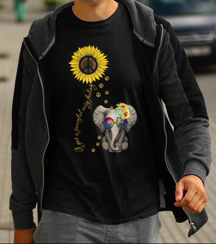 I Got A Peaceful Easy Feeling Elephant With Sunflower And Peace Symbols T-Shirt