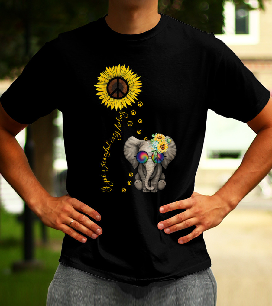 I Got A Peaceful Easy Feeling Elephant With Sunflower And Peace Symbols T-Shirt