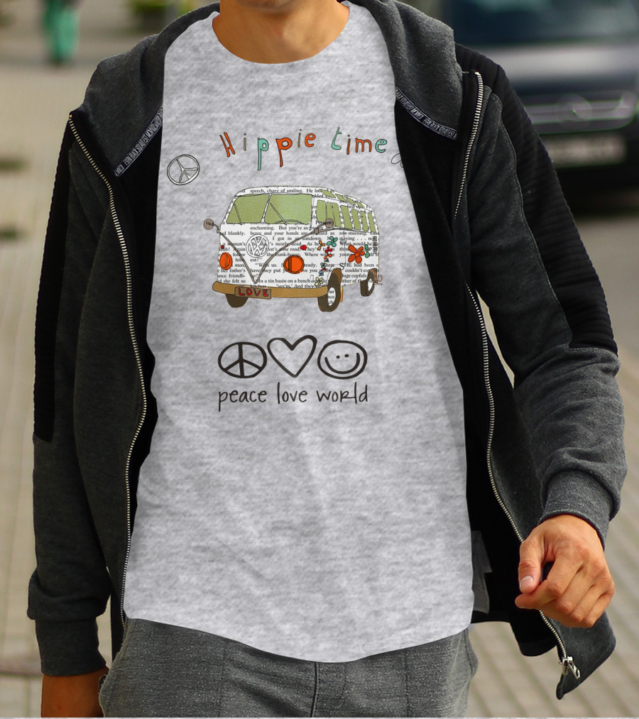 Hippie Time Peace Love World Retro Van Design With Symbols T-Shirt