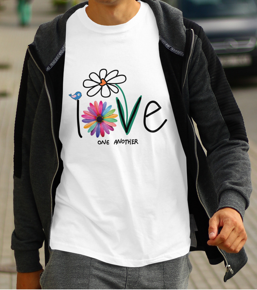 Love One Another Rainbow Flower Blue Bird T-Shirt