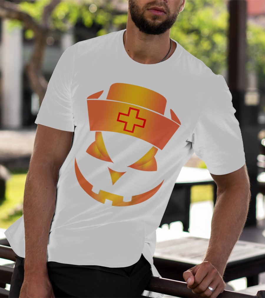 Nurse Pumpkin Face With Cross Hat Halloween T-Shirt