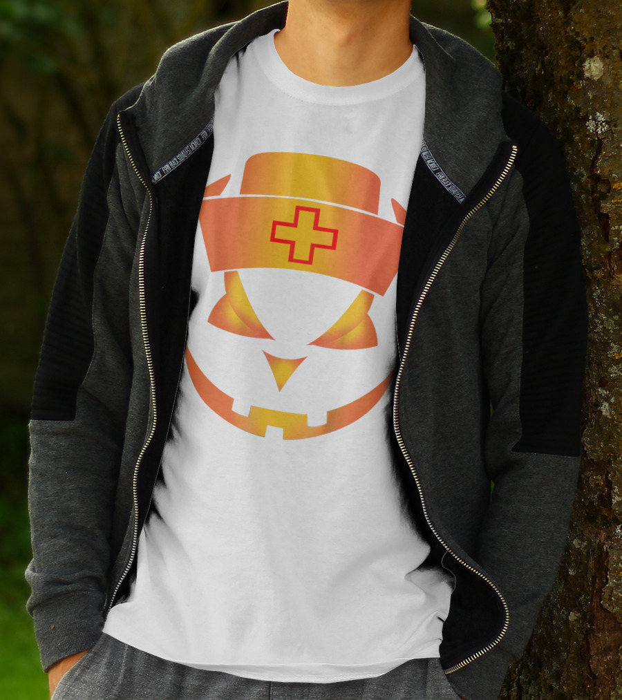 Nurse Pumpkin Face With Cross Hat Halloween T-Shirt