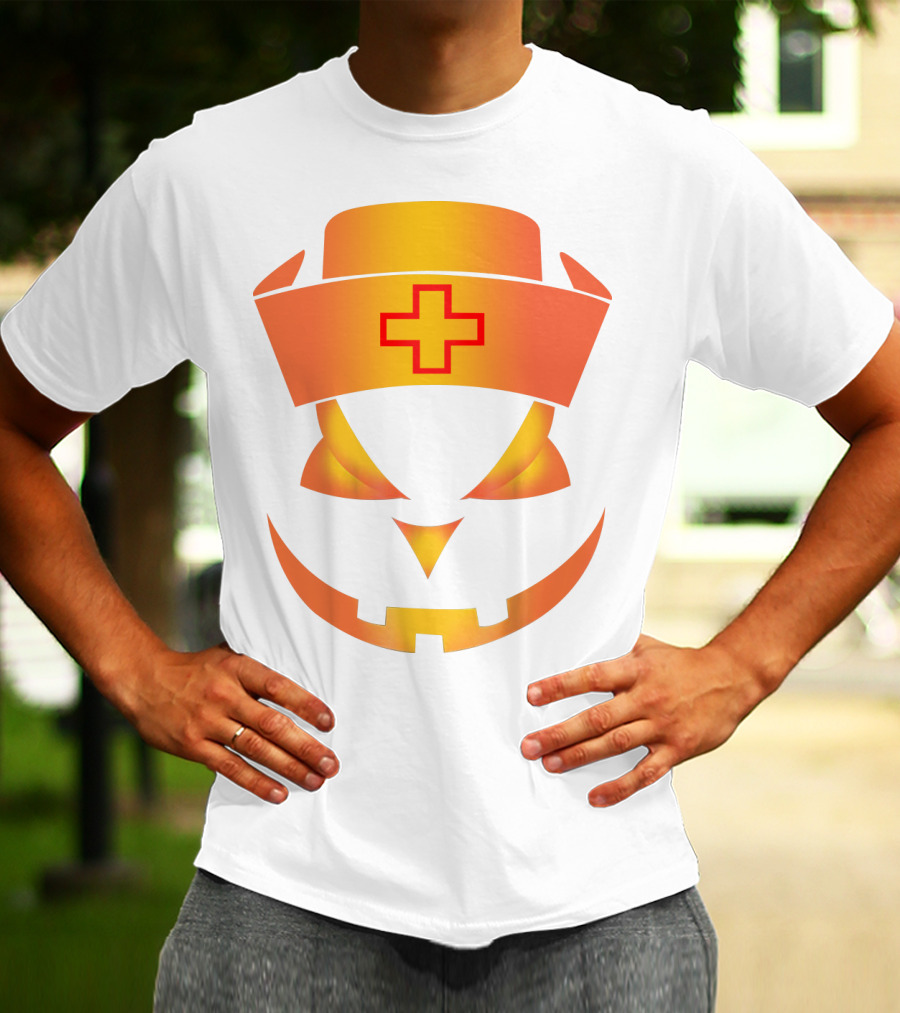 Nurse Pumpkin Face With Cross Hat Halloween T-Shirt