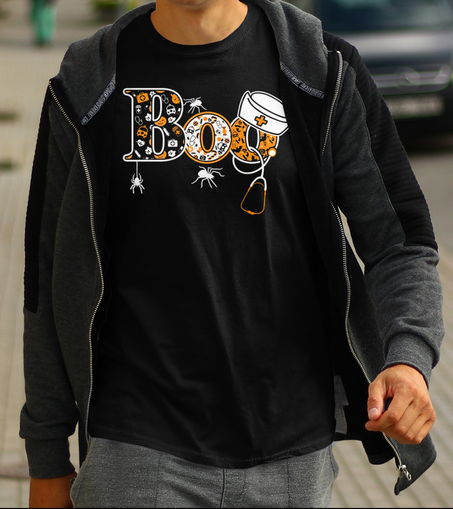 Boo Nurse Halloween Stethoscope Spider Hat T-Shirt