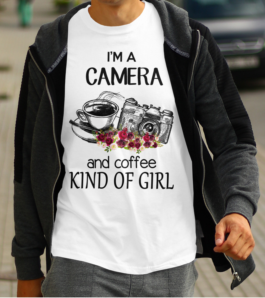 I'm A Camera And Coffee Kind Of Girl With Vintage Camera And Floral Accents T-Shirt