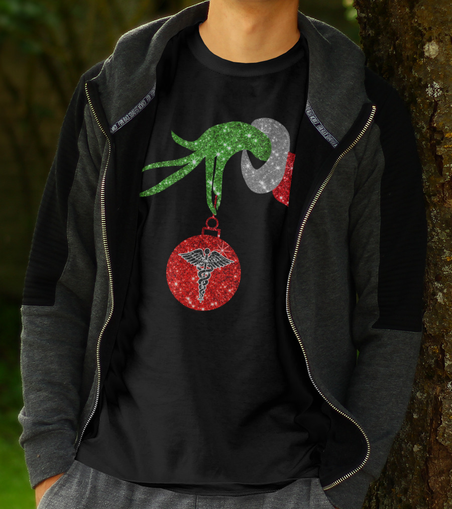 Grinch Hand Holding Caduceus Christmas Ornament Nurse T-Shirt