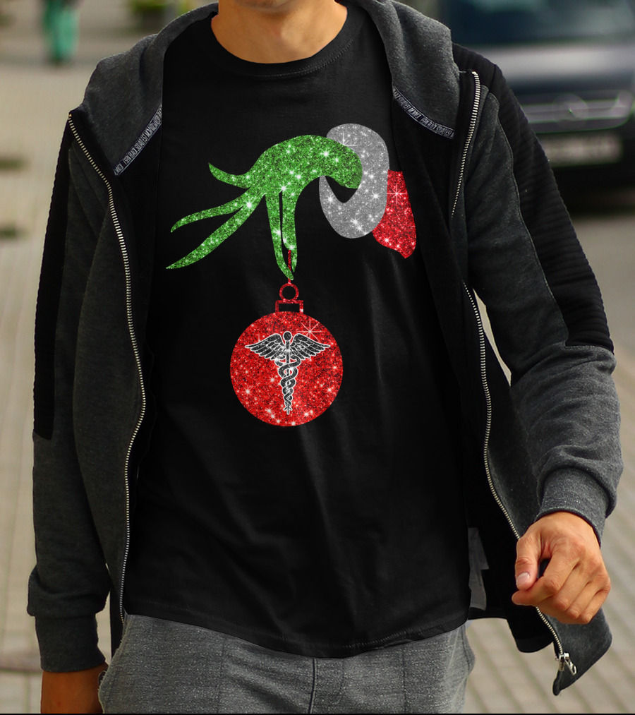 Grinch Hand Holding Caduceus Christmas Ornament Nurse T-Shirt