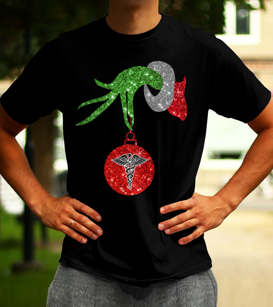 Grinch Hand Holding Caduceus Christmas Ornament Nurse T-Shirt