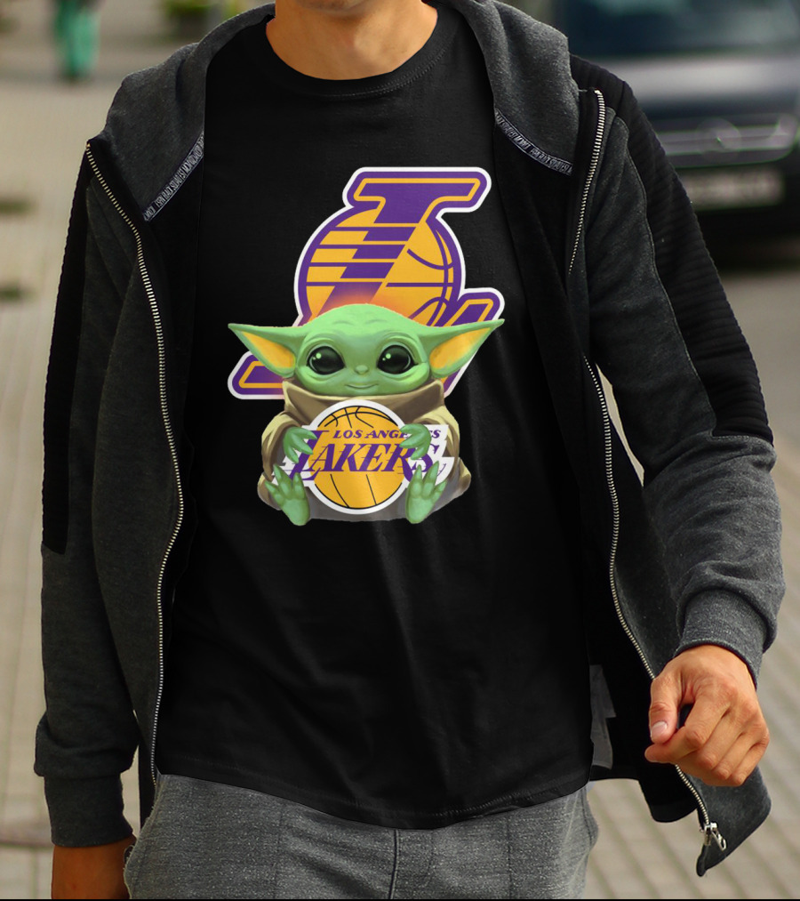 Los Angeles Lakers Baby Yoda Holding Basketball T-Shirt