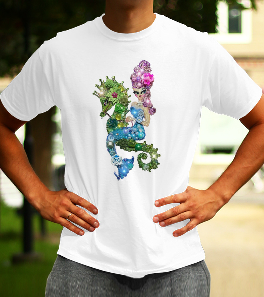MERMAID RIDING A SEAHORSE JEWEL EMBELLISHED FANTASY CREATURE T-Shirt