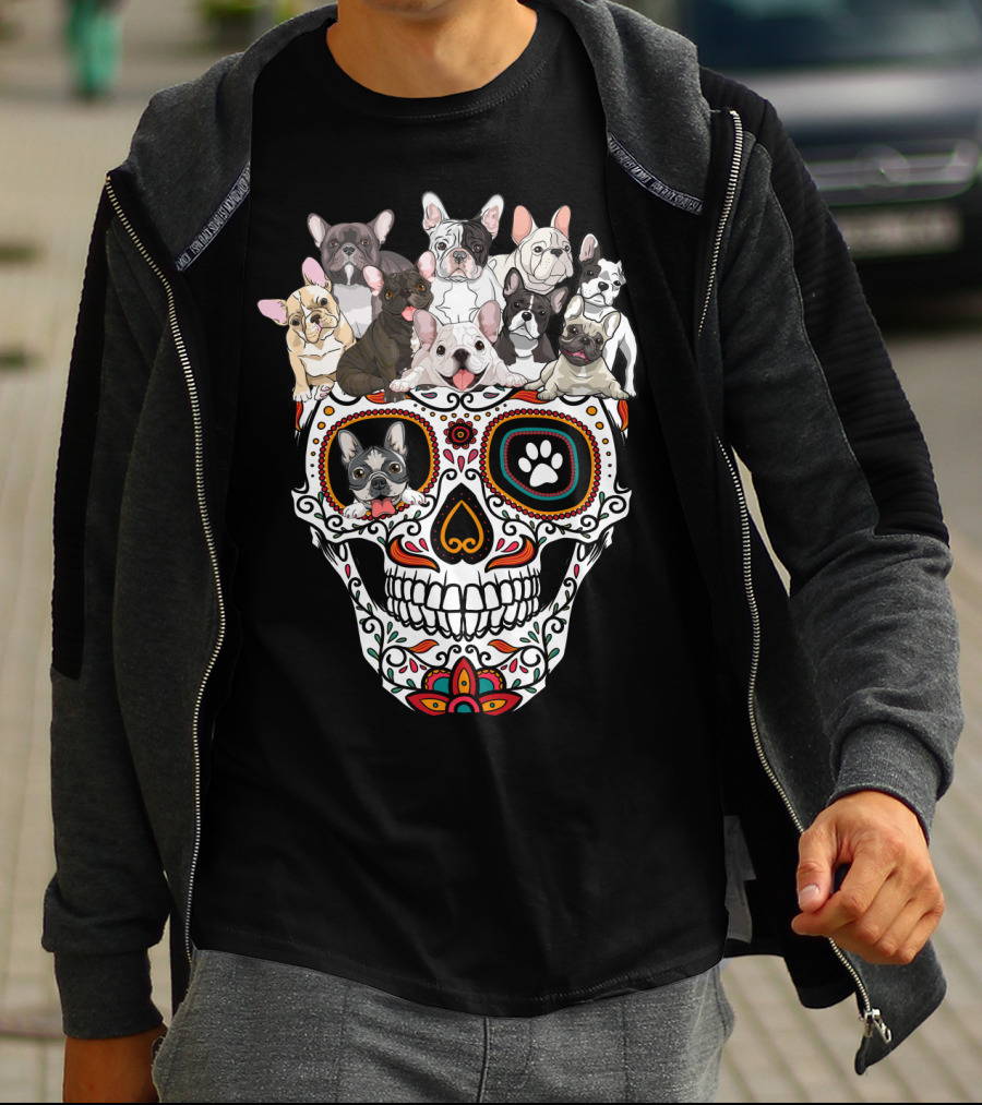 Skull Sugar French Bulldog Día De Los Muertos T-Shirt