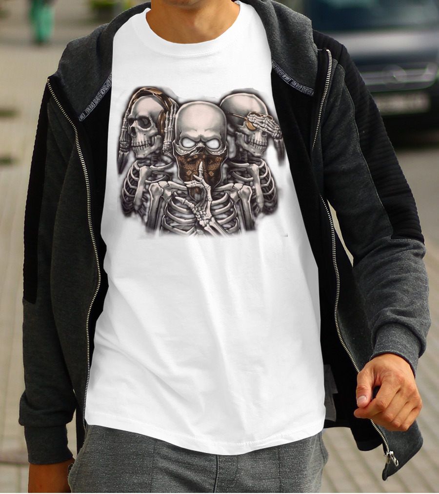 Skull Skeletons With Headphones And Bandana T-Shirt