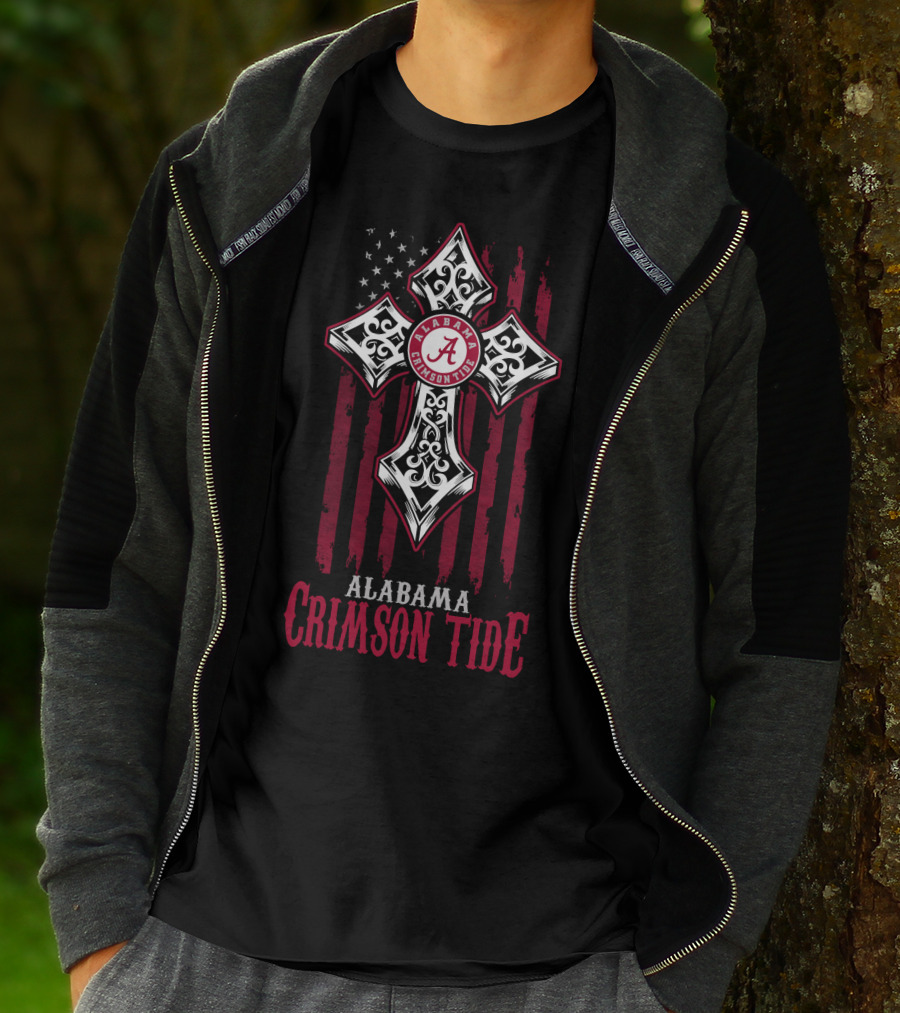 Alabama Crimson Tide Cross With American Flag And Script A T-Shirt