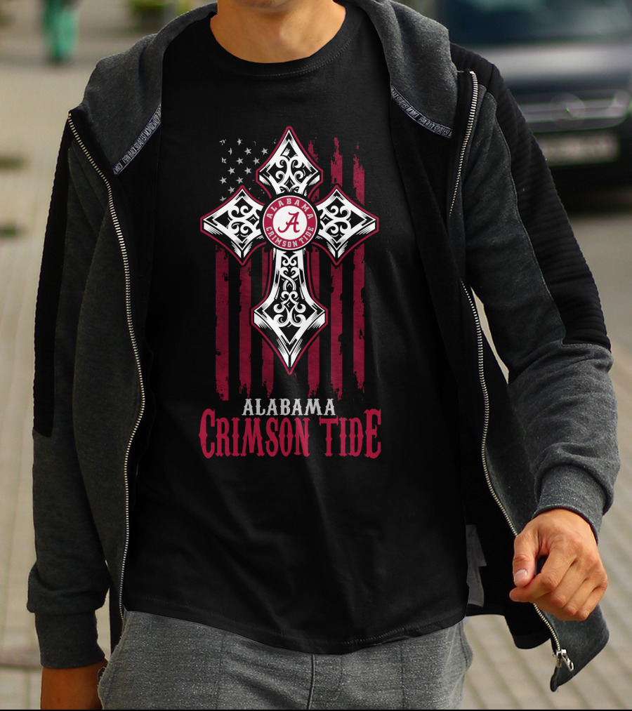 Alabama Crimson Tide Cross With American Flag And Script A T-Shirt