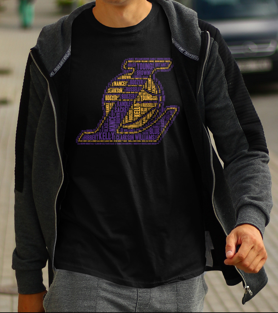Los Angeles Lakers Word Cloud Logo Featuring Bryant Clarkson Russell Boozer And Young T-Shirt