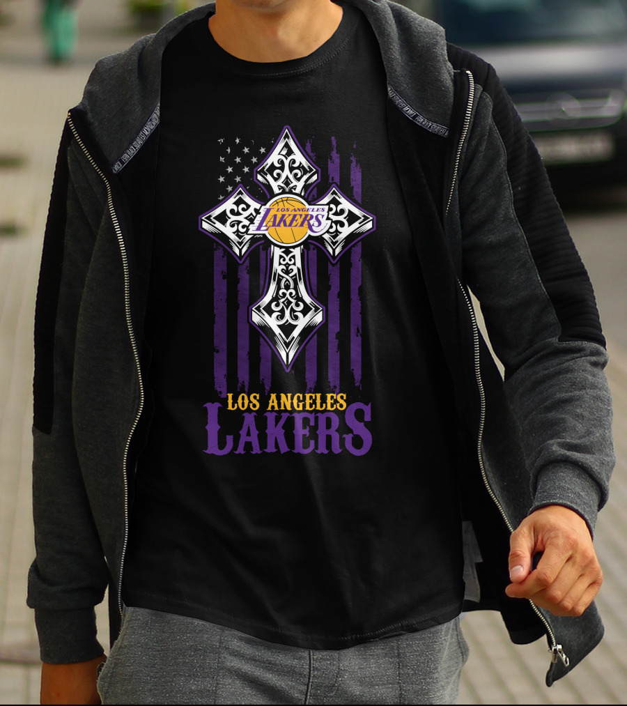 Los Angeles Lakers American Flag Purple Cross T-Shirt