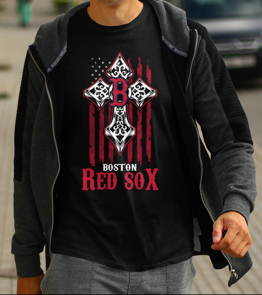 Boston Red Sox Patriotic Cross Stars And Stripes Motif T-Shirt