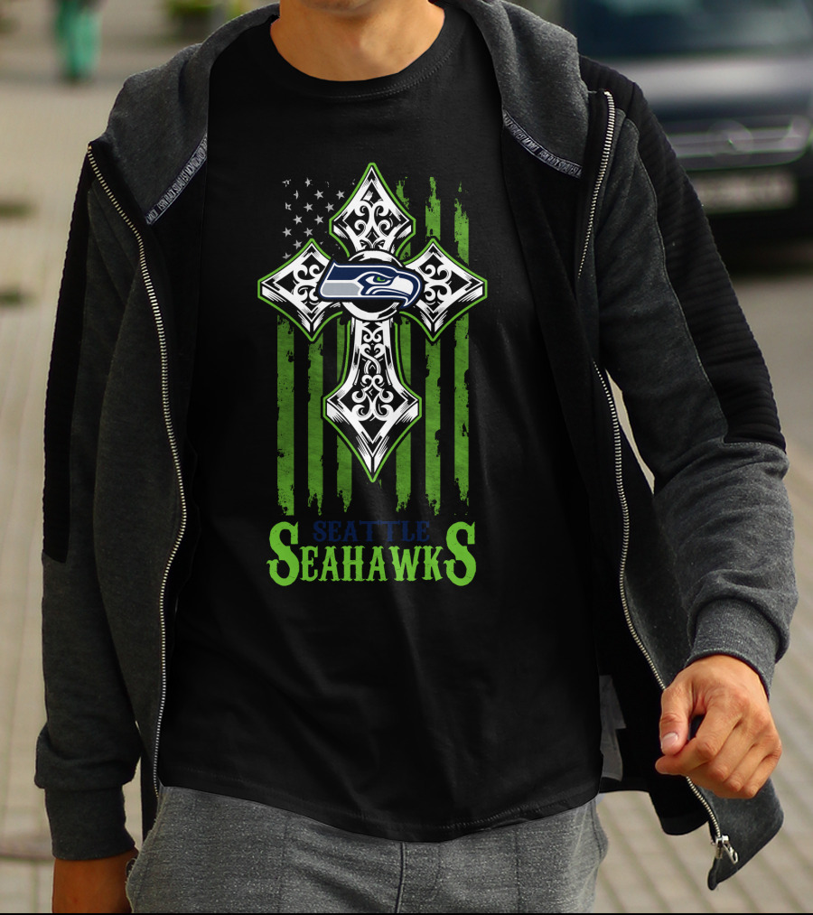 Seattle Seahawks Cross With American Flag Elements T-Shirt