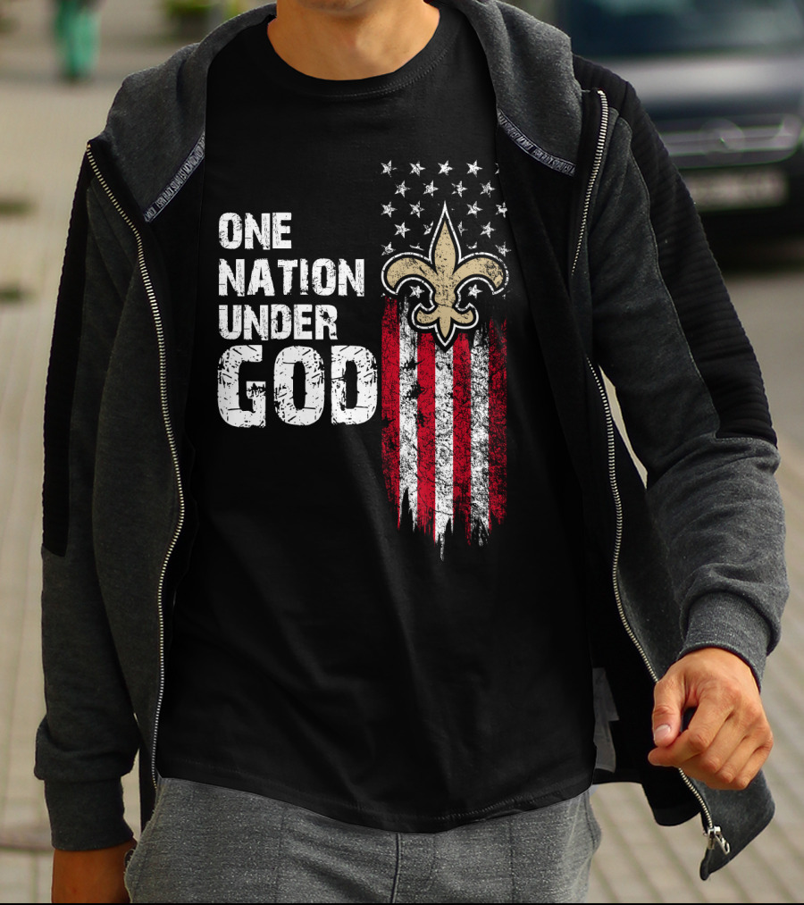 One Nation Under God New Orleans Saints Fleur-De-Lis American Flag Stars T-Shirt