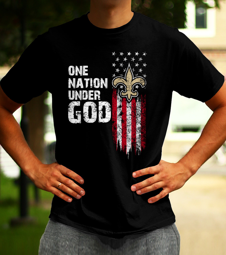 One Nation Under God New Orleans Saints Fleur-De-Lis American Flag Stars T-Shirt